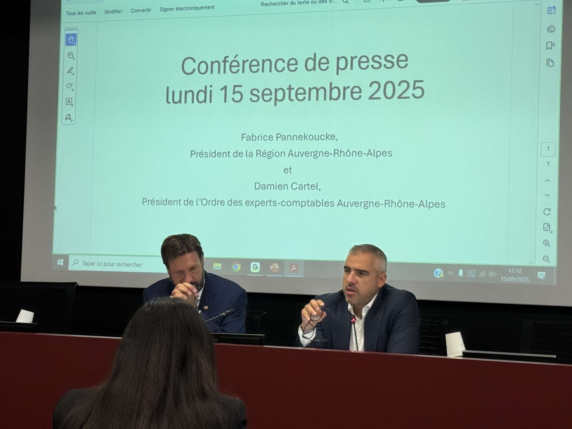 CONFERENCE DE PRESSE - Fabrice PANNEKOUCKE, Président de la région Auvergne-Rhône-Alpes et Damien CARTEL, Président de l'Ordre des experts-comptables Auvergne-Rhône-Alpes vous convient à un point presse : Lundi 15 septembre 2025 de 11h à 12h dans les locaux de l'Ordre des Experts-Comptables Auvergne-Rhône-Alpes 51 rue Montgolfier, 69006 Lyon Cette conférence sera l'occasion d'analyser la situation économique de la région, en mettant particulièrement l'accent sur l'activité et les dynamiques des TPE et PME.