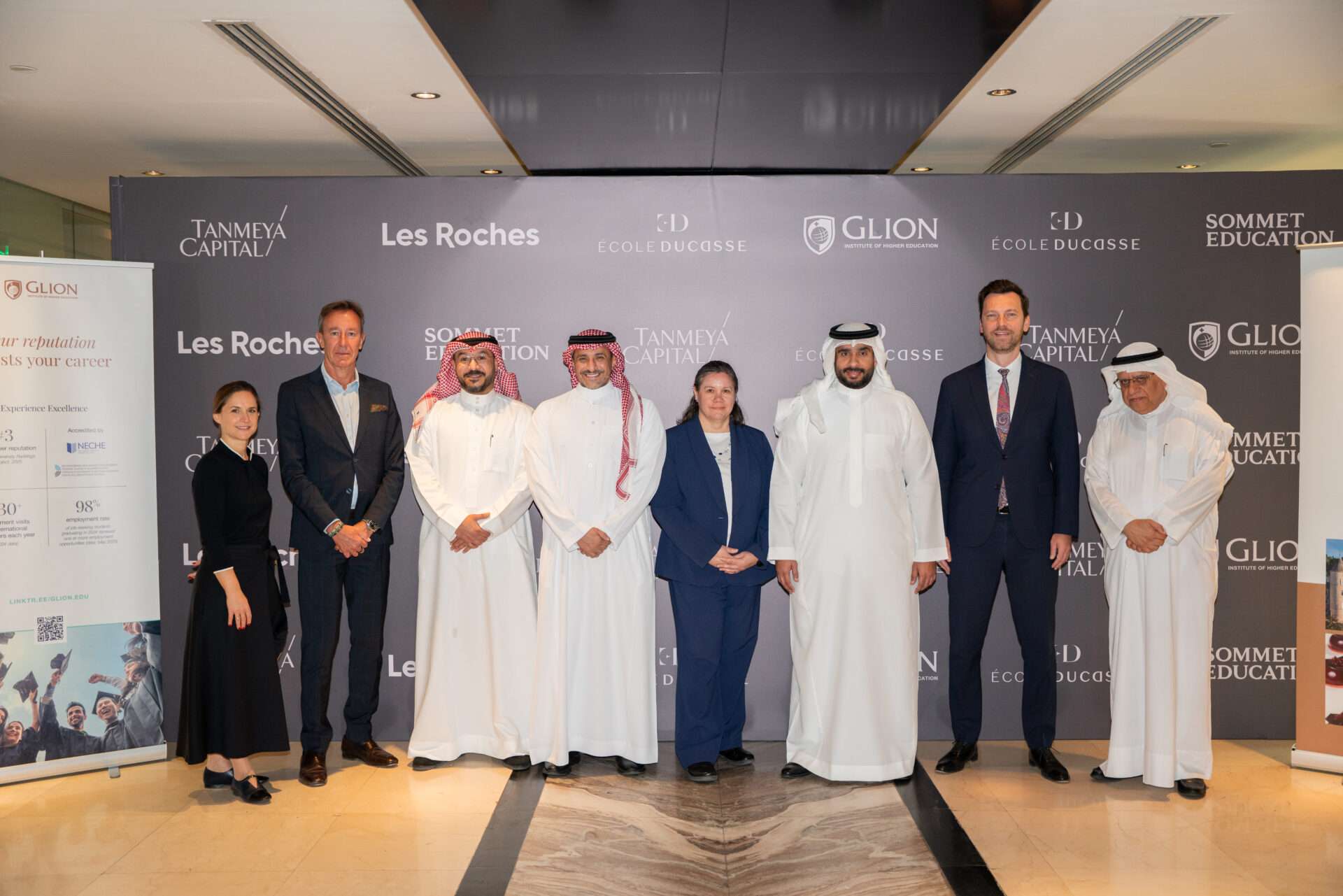 Karine Hyon-Vintrou, École Ducasse Managing Director, Philippe Vignon, Glion Managing Director, Mr. Ahmad Al Sakran, Acting Chief Executive Officer, Tanmeya Capital, Mr. Yassir Al-Sharif, Principal Supporter and Senior Advisor to the Tanmeya Hospitality & Tourism Fund, Marie-Claude Mathieu, member of Sommet Education board and Group General Counsel, Mr. Mohamed Musaiqer, Chairman of the Board, Tanmeya Capital, Adrian Artimov, Chief Commercial Officer Sommet Education, Mr. Abdulrahman Alkooheji, Board Member and Chairman of Investment and Credit Committee
