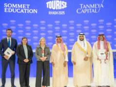 Tanmeya Capital s’allie à Sommet Education pour bâtir un écosystème de formation hôtelier en Arabie saoudite Adrian Artimov, Chief Commercial Officer Sommet Education, Marie-Claude Mathieu, member of Sommet Education board and Group General Counsel, Ms. Yasmine Chatila Zwahlen, Ambassador of Switzerland to the Kingdom, Mr. Ahmed bin Aqil Al-Khateeb, Minister of Tourism, Mr. Mohamed Musaiqer, Chairman of the Board, Tanmeya Capital, Mr. Yassir Al-Sharif, Project Sponsor of the Tanmeya Hospitality & Tourism Fund