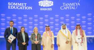 Tanmeya Capital s’allie à Sommet Education pour bâtir un écosystème de formation hôtelier en Arabie saoudite Adrian Artimov, Chief Commercial Officer Sommet Education, Marie-Claude Mathieu, member of Sommet Education board and Group General Counsel, Ms. Yasmine Chatila Zwahlen, Ambassador of Switzerland to the Kingdom, Mr. Ahmed bin Aqil Al-Khateeb, Minister of Tourism, Mr. Mohamed Musaiqer, Chairman of the Board, Tanmeya Capital, Mr. Yassir Al-Sharif, Project Sponsor of the Tanmeya Hospitality & Tourism Fund