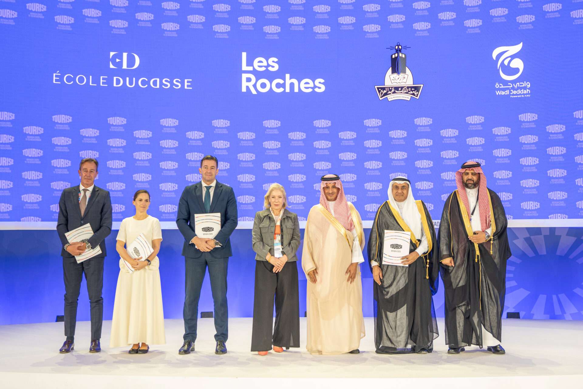 Philippe Vignon, Glion Managing Director, Karine Hyon-Vintrou, École Ducasse Managing Director, Carlos Díez de la Lastra, CEO of Les Roches , Ms. Yasmine Chatila Zwahlen, Ambassador of Switzerland to the Kingdom, Mr. Ahmed bin Aqil Al-Khateeb, Minister of Tourism 