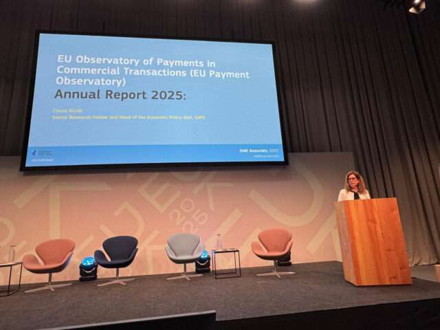 Cinzia Alcidi (CEPS) presents the EU Payment Observatory’s 2025 report at SME Assembly in Copenhagen, highlighting the scale of late payments across Europe and their impact on SMEs. Cinzia Alcidi (CEPS) presents the EU Payment Observatory’s 2025 report at SME Assembly in Copenhagen, highlighting the scale of late payments across Europe and their impact on SMEs.